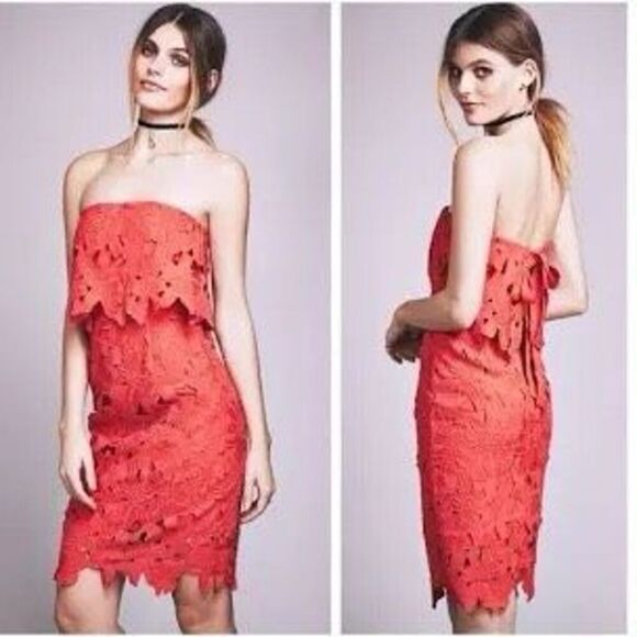 Saylor x Free People Erin Red Lace Strapless Knee Length Pretty  Dress Coral Red - Picture 1 of 15